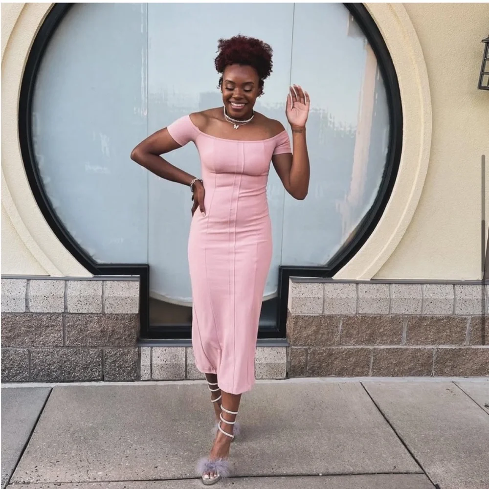 🆕(NWT) ZARA Bloggers Fav Blush Pink Off-The-Shoulder Sheath Midi/Maxi Dress. LG - Picture 4 of 15